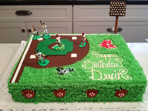 Red Sox Baseball Field Cake Baseball Field Cake, Baseball Birthday Cakes, Baseball Theme Birthday, Baseball Cake, Baseball Theme Party, Sport Cakes, Baseball Birthday Party, Red Sox Baseball, 9th Birthday Parties