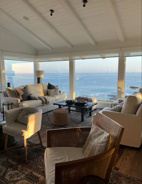 beach house, inspo, ocean view, ocean, beach, aesthetic, modern, family room, relax, lounge, vacation, dream, chair, couch, decor, beachy, vibes, home, crib Beach House Aesthetic Living Room, Ocean View Living Room, Beach House Decor Living Room, Living Room View, Action Board, Beach House Aesthetic, California Beach House, Summer Beach House, Chair Couch