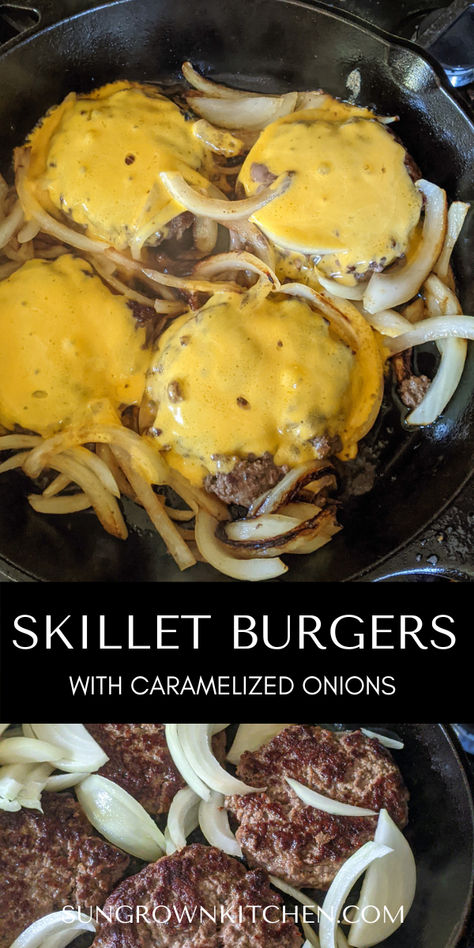 Cast Iron Skillet Burgers are a most delicious alternative to the summer grill!  The burgers hit the hot skillet and start to sizzle.  The fat comes out, and instead of it dripping down into your grill, gone forever, it settles around the burger, cooking it in its own lovely juices!  A crispy crust forms making the skillet burgers melt-in-your-mouth amazing, never dried out, and smothered with melty cheese and caramelized onions! Cheeseburgers In Cast Iron Skillet, Grilled Hamburger Steak, Grilled Onions For Burgers, Cast Iron Skillet Burgers, Skillet Burgers, Cast Iron Burgers, How To Make Burgers, Summer Grill, Carmelized Onions