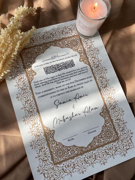 Nikkah Ceremony, Calligraphy Borders, Nikkah Certificate, Marriage Inspiration, Creative Tile, Wedding Card Frames, Feather Pen, Traditional Wedding Decor, Pearlescent Paper