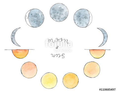 Watercolor hand drawn art sketch of moon and sun. Moon phases. the sun from sunrise to sunset. Lettering Moon and Sun Sun Phases, Pop Art Design Interior, Contour Line Art, Line Art Projects, Baby Animal Art, Art Projects For Adults, Canvas Art Quotes, Collaborative Art Projects, Food Art Photography