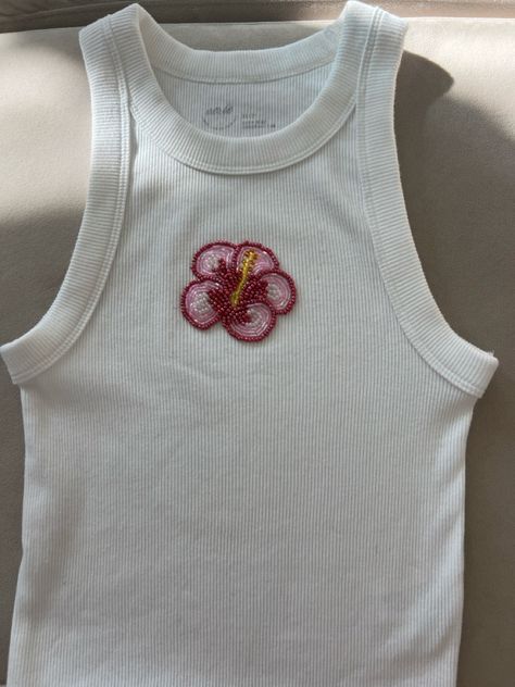 Beaded embroidery on a tank top - pink flower Bead Embroidery Tank Top, Beaded Tank Top, Flower Bead Embroidery, Embroidery Tank Top, Beaded Shirt, Embroidered Tank Top, Hibiscus Flower, Bead Embroidery, Hibiscus Flowers