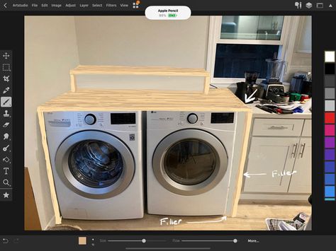 Laundry Room Waterfall Countertop, Washer Dryer Built In, Laundry Butcher Block Counter, Laundry Room Butcher Block Countertop, Waterfall Butcher Block Counter, Butcher Block Over Washer And Dryer, Butcher Block Laundry Counter, Washer Countertop, Table Over Washer And Dryer