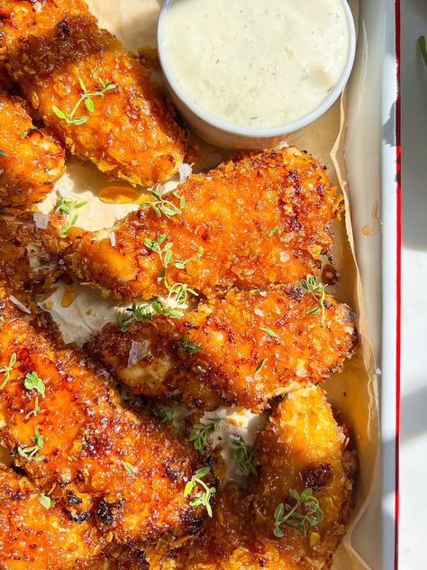 (Air Fryer) Hot Honey Chicken Tenders Hot Honey Chicken Tenders Air Fryer, Air Fryer Lunch Ideas, Winter Salad Dressing, Bacon Cheddar Puffs, Hot Honey Chicken Tenders, Honey Chicken Tenders, Focaccia Sandwich, Field Meals, Hot Honey Chicken