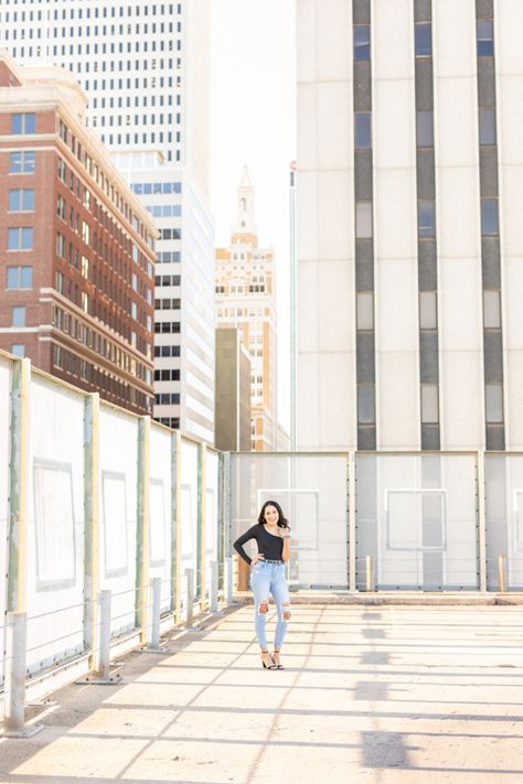 Downtown Tulsa Photoshoot Locations | Scenic Views | amandahitchenphotography.com Tulsa Photography Locations, Downtown Tulsa Photoshoot, Tulsa Photography, Senior Photoshoot Ideas, Downtown Tulsa, Senior Pictures Downtown, Booker T Washington, Rooftop Photoshoot, Downtown Photography