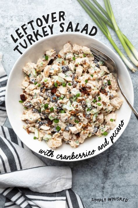 Put those Thanksgiving leftovers to good use! This easy turkey salad recipe is made with cranberries and pecans. Serve it as a sandwich or over lettuce for a simple, healthy meal. #dairyfree #leftovers Turkey Recipes Dairy Free, Leftover Turkey Salad, Turkey Salad Sandwich, Sandwich Turkey, Baked Stuffed Pork Chops, Simply Whisked, Easy Leftover Turkey Recipes, Turkey Salad Recipe, Healthy Turkey Recipes