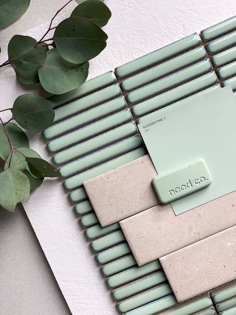 Mint Moodboard, Mint Green Tiles, Tile Flatlay, Mint Green Bathroom Decor, Blue Green Tile, Mint Bathroom, Yellow Kitchen Cabinets, Interior Design Portfolio Layout, Green Tile Bathroom