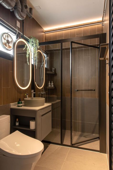 Couple Turns Woodlands Resale into an Airy, Japanese-Style Retreat | Qanvast Bto Toilet, Hdb Toilet, Interior Design Toilet, Urban Home Design, Design Toilet, Warm Bathroom, False Wall, Interior Design Themes, Apartment Bathroom