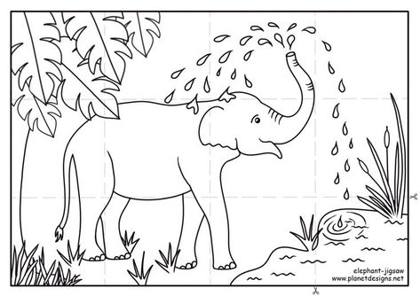 An Elephant drinking water from a pond in the jungle then spraying the water from it's trunk. A picture to colour in, cut along the dotted cutting lines, and create a 12 piece jigsaw. Designed by Planet Designs Kids All About Elephants, World Elephant Day, Life Skills Lessons, Free Kids Coloring Pages, Elephant Colour, Elephant Pictures, Kid Coloring Page, Planet Design, Colouring Page