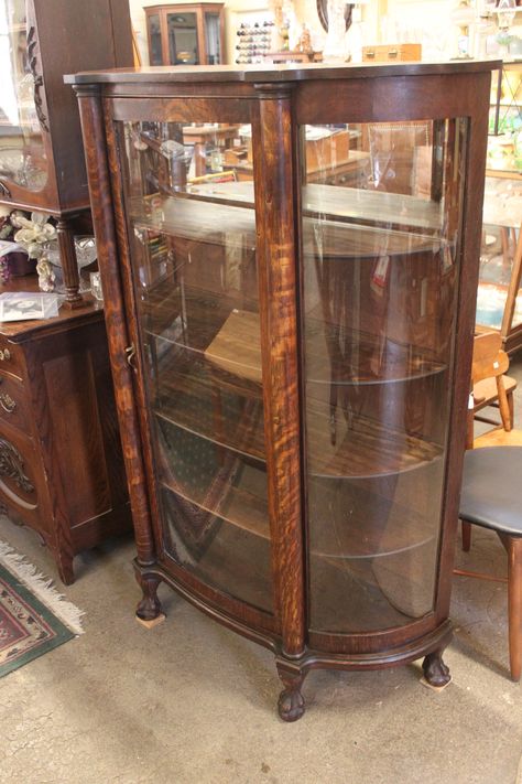 antique cabinets with glass doors | Refinish an Antique? … two Oak Curved Glass China Display Cabinets ... Glass China Cabinet, Antique Curio Cabinet, Oak China Cabinet, Glass Curio Cabinets, Antique China Cabinets, Painting Wooden Furniture, Leather Living Room Furniture, White Furniture Living Room, China Cabinet Display