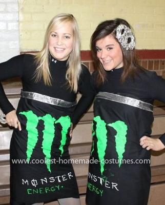 Homemade Energy Drink Costume: As Halloween came around the corner me and my best friend had no clue what we wanted to be. As we were waiting in line at an amusement park late one night, Monster Energy Drink Costume, Monster Energy Costume, Monster Drink Costume, Monster Can Halloween Costume, How To Make A Monster Energy Mask, Monster Drink Halloween Costume, Monster Energy Drink Pants, Monster Energy Sweatshirt, Best Friend Costumes