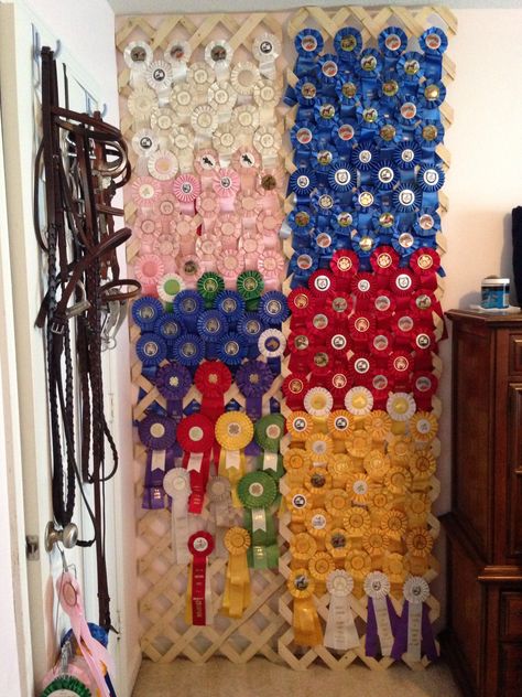 Wall covered with lattice (or a welded wire fence panel) = instant ribbon wall. 4h Ribbon Display Ideas, Rosette Display Ideas, Ribbon Hanging Ideas Horse, Horse Show Ribbon Storage, Equestrian Ribbon Display Ideas, Horse Ribbon Display Ideas, Horse Ribbon Display Ideas Wall Hangings, Ribbon Display Ideas, Horseshow Ribbon Display Ideas