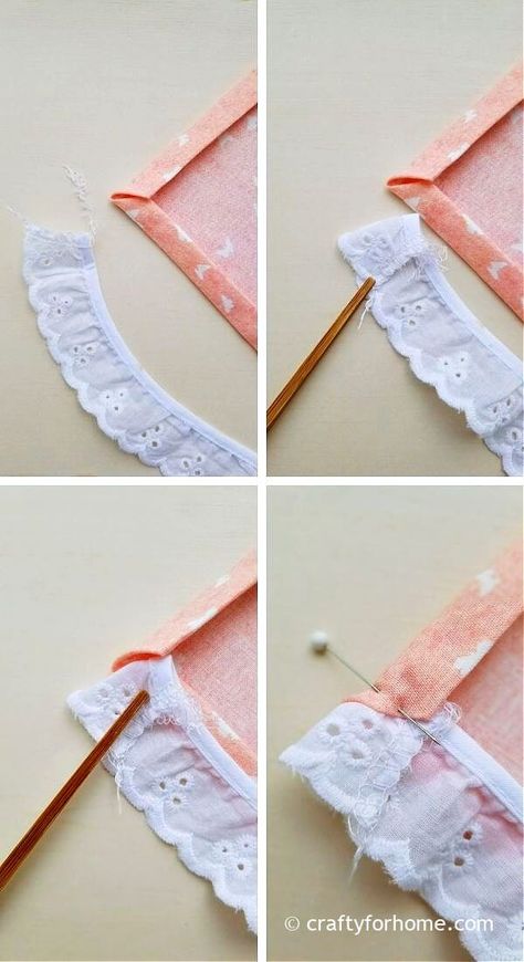 Pinning lace trim on the cloth napkin. Diy Lace Trim, Lace Fabric Diy, Lace Placemats, Lace Sewing, Diy Napkins, Sewing Lace, Fabric Napkin, Beginner Sewing, Beginner Sewing Projects Easy