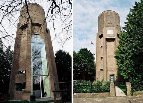 Zecc Architects Convert 1930s Water Tower Into Sleek Nine Story Home: This looming water tower in The Netherlands has been given a new life as a gorgeous nine-storey home. Without compromising any of the building's 1930s character or contemporary style, Zecc Architects transformed the stout Soest tower into a model of sustainable architecture. Silo House, Futuristic Building, Renovation Architecture, Futuristic Home, Eco Architecture, Unusual Homes, Tower House, Storey Homes, Unique Buildings