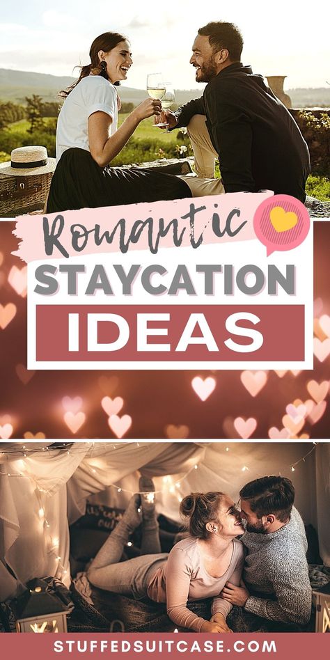 Check out this list of romantic staycation ideas for couples. Great for planning a staycation at home or at a local hotel. Great ideas for a romantic date night, too! Date Night Fort Romantic, Couples Hotel Night Ideas, Hotel Date Night Ideas Couple, Hotel Date Night, Couple Hobbies, Romantic Staycation Ideas, Staycation Ideas For Couples, Romantic Movie Night, Couples At Home