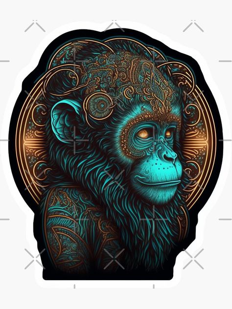 Chinese Zodiac Art Deco - Monkey. Check out more products in Redbubble and teepublic with this design Monkey Zodiac Tattoo, Animated Monkey, Chinese Zodiac Art, Monkey Zodiac, Fish Burgers, Colorful Sleeve Tattoos, Monkey Stickers, Fish Burger, Chinese Astrology