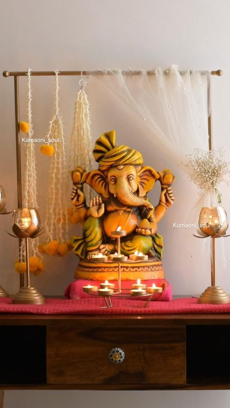 Small Ganpati Decoration At Home, Ganpati Decoration Theme, Mandir Decoration, Ganesh Chaturthi Decoration, Home Flower Decor, Ganpati Decoration At Home, Janmashtami Decoration, Diy Floral Decor, Ganapati Decoration