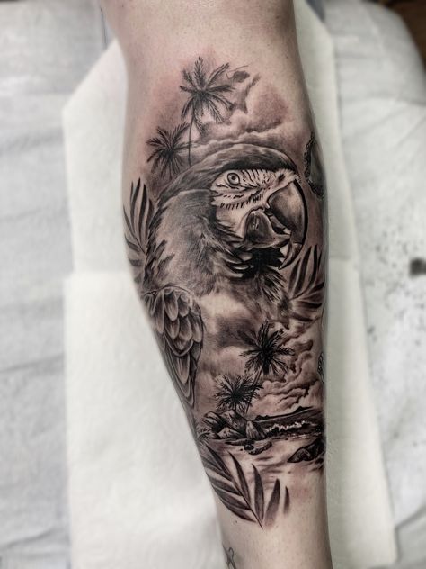 Jungle Tattoo Design, Parrot Tattoo Design, Tattoos Of Flowers, Rainforest Tattoo, Macaw Tattoo, Sarah Tattoo, Rose Tattoo With Name, Jungle Tattoo, Parrot Tattoo