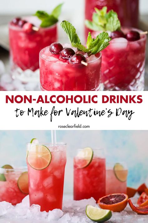 A collection of more than two dozen non-alcoholic drink recipes that are perfect for Valentine's Day! Punch, hot chocolate, virgin cocktails, and much more. #nonalcoholic #virgindrinks #drinkrecipes Valentines Day Virgin Cocktails, Valentines Day Mocktails Non Alcoholic, Valentine’s Day Punch Non Alcoholic, Non Alcoholic Valentines Drinks, Valentines Punch Recipes Non Alcoholic, Valentine Drinks Nonalcoholic, Valentine’s Day Punch, Red Non Alcoholic Drinks, Mocktails Non Alcoholic Valentines Day