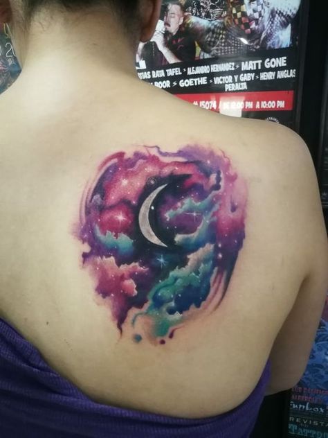 Louise Tattoo, Night Sky Tattoos, Watercolor Galaxy Tattoo, Sky Tattoos, Moon Tattoos, Galaxy Tattoo, Cloud Tattoo, Mermaid Tattoo, Watercolor Galaxy