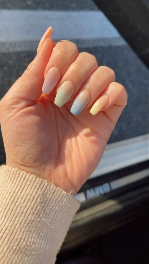 (paid link) Awesome nail ideas coffin Designs You'll Flip For in 2020. Pastel Ombre Nails Acrylic, Yellow And Blue Ombre Nails, Pastel Green Ombre Nails, Pastel Ombre Nails Short, Ombre Easter Nails, Spring Gradient Nails, Ombre Nails Medium Length, Medium Length Nails Acrylic Coffin Summer, Summer Acrylic Nails Medium Length