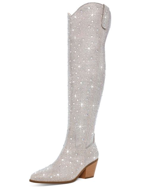 Bling Cowgirl Boots, Glitter Knee High Boots, Glitter Boots Outfit, Over The Knee Cowboy Boots, Bling Boots, Hen Party Outfits, Sparkly Boots, White Cowgirl Boots, Boot Bling