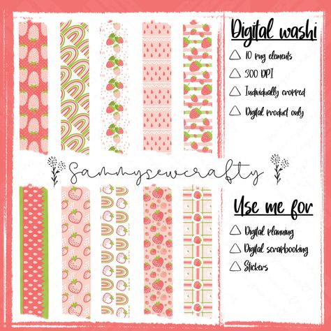 Strawberry Washi Tape Printable, Washi Tape Printable, Tape Printable, Digital Washi, Traditional Beauty, How To Make Stickers, Planning Stickers, Website Banner, Digital Planning