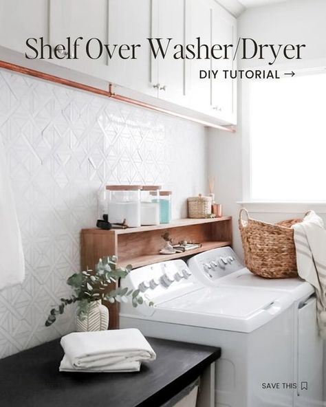 Zoe 🌿 DIY Furniture on Instagram: "Add a shelf over your washer dryer to hide cords/plumbing and to add some extra storage space! If you want to make the shelf even more sturdy, add an additional board near the bottom of the legs. We didn't and it was fine with the shaking of the washer/dryer, but I'd definitely recommend this extra piece if yours won't be against a wall on one side. . . . . . #diylaundryroom #laundryshelf #laundryroommakeover #diyhomeimprovement #diyshelf" Board Over Washer And Dryer, Washer Hookup Hide, In Between Washer And Dryer Storage, Diy Shelf Over Washer And Dryer, Over The Washer And Dryer Shelf, Hide Washer And Dryer Hookups, Washer And Dryer Shelf, Laundry Shelves, Hide Cords