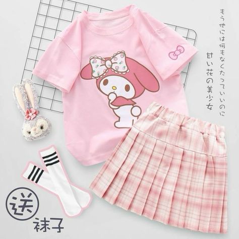 Kawaii Skirt For Kids, My Melody Clothing, My Melody Shoes, My Melody Shirt, Melody Clothes, My Melody Summer, My Melody Outfit, Melody Aesthetic, Sanrio Outfits