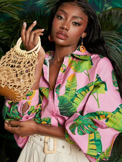 Tropical Business Casual, Tropical Prints Pattern, Vibe Pink, Havana Nights Party, Lantern Sleeve Shirt, Tropical Outfit, Lantern Sleeve Top, Tropical Fashion, Green Leaf Print