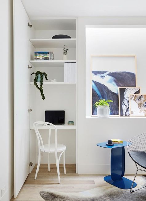 When the door is closed, the space looks like a regular cupboard door. When open and with a chair at the desk, it performs as a fully equipped study nook. Office Nooks, Hamptons Style Home, Unusual Home, Small Home Offices, Office Nook, Study Nook, Home Office Space, Home Office Chairs, The Design Files