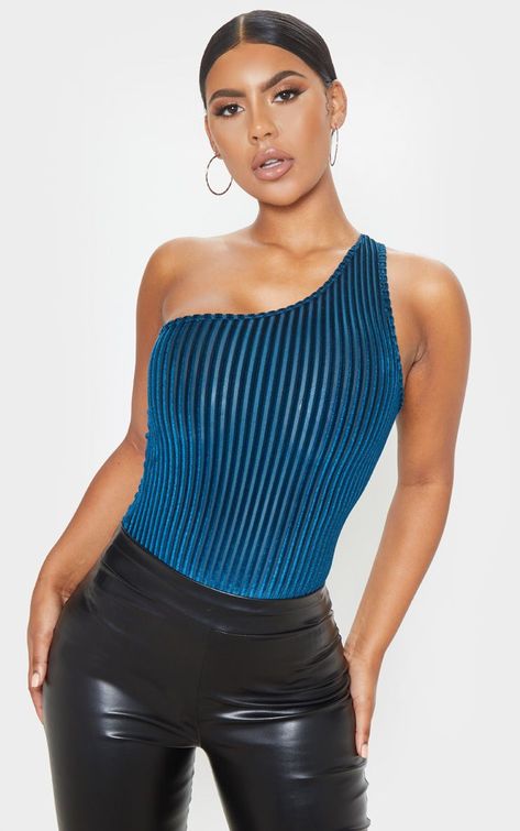 Teal Velvet Stripe One Shoulder Bodysuit Green Corset, Clear Strap Heels, Velvet Bodysuit, Cute Crop Tops, Unisex Clothing, Bra Lingerie, Corset Top, Black Satin, Cute Tops