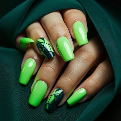 Picture of stunning neon green nails with a vibrant and electrifying look. Rock Nails, Neon Green Nails, Glow Nails, Black Neon, Green Nails, Be Afraid, Shine Bright, Black Design, Neon Green