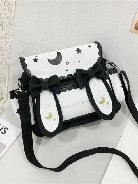 Fashionable And Cute Rabbit Ear Bowknot Color-Block Shoulder Bag Black Casual,Vintage   Pu Colorblock,Plain Square Bag   Women Bags, size features are:Bust: ,Length: ,Sleeve Length: Anime Shoulder, Kawaii Rabbit, Fox Bag, Chic Crossbody Bag, Unique Backpacks, Novelty Bags, Cute Rabbit, Cute Backpacks, Rabbit Ears