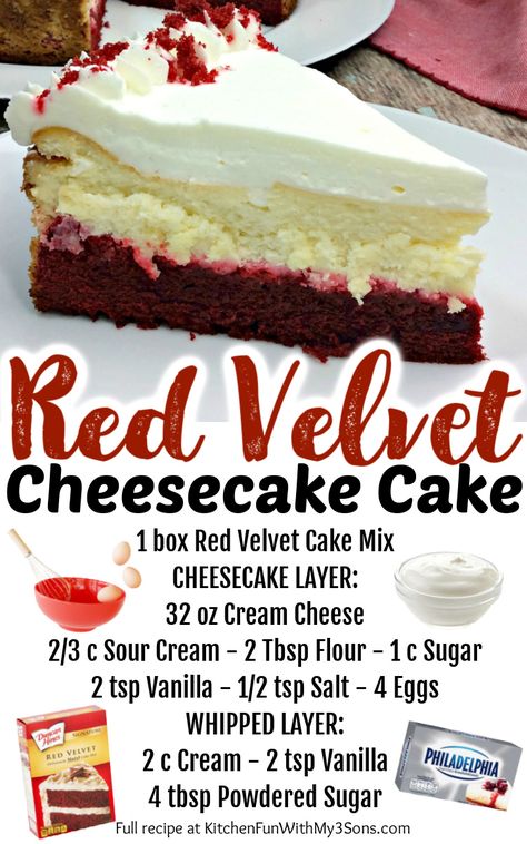 Red Velvet Cheesecake is one of the most delicious cheesecakes that you will ever make. The combination of red velvet cake and cheesecake is pure perfection! Red Velvet Cake Recipe Easy, Red Velvet Cheesecake Cake, Velvet Cake Recipes, Velvet Cheesecake, Red Velvet Cheesecake, Homemade Cheesecake, Cheesecake Cake, Easy Cheesecake Recipes, Cheesecake Brownies