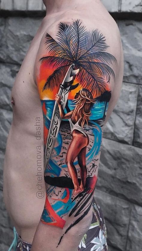 Hawaiian Girl Tattoos, Tato Joker, Ocean Sleeve Tattoos, Berlin Tattoo, Surf Tattoo, Pop Art Tattoos, Colorful Tattoo, Surreal Tattoo, Sunset Tattoos