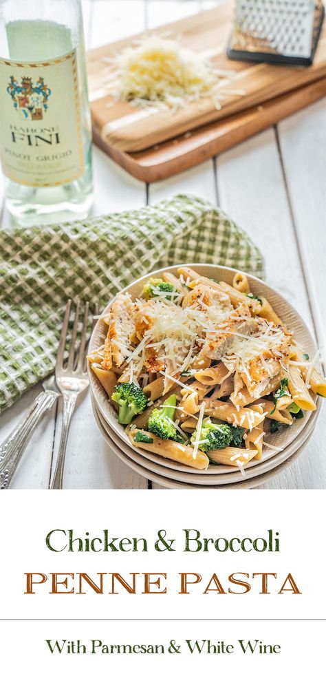 Richly flavorful and topped with parmesan! | This healthy Chicken Broccoli Pasta includes fresh spinach and a garlic and shallot white wine sauce. Chicken Broccoli Ziti White Wine Sauce, Pasta With White Wine Sauce, Broccoli Pasta Sauce, Chicken Broccoli Ziti, Pasta With White Wine, Chicken Broccoli Pasta Recipes, White Wine Pasta Sauce, Broccoli Pasta Bake, Broccoli Pasta Recipe