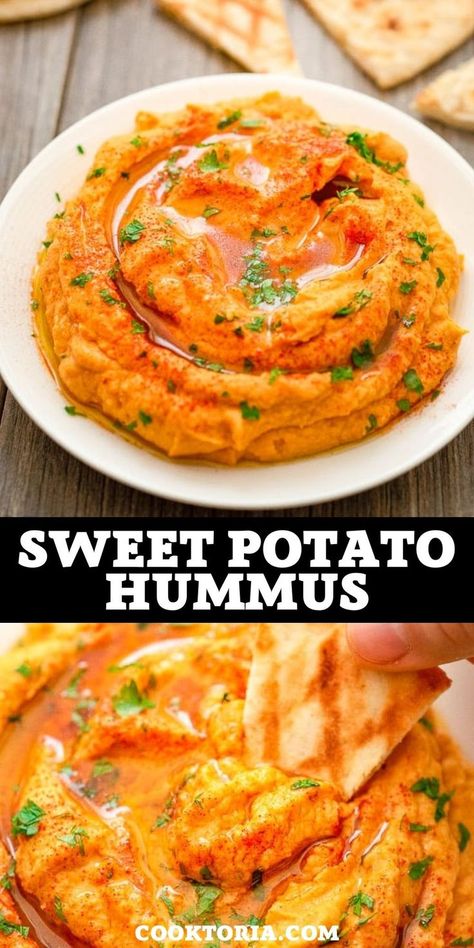 This Sweet Potato Hummus makes a perfect healthy snack that's packed with flavor. You'll be surprised how delicious it is! FOLLOW Cooktoria for more deliciousness! If you try my recipes - share photos with me, I ALWAYS check! Veganski Recepti, Sweet Potato Appetizers, Perfect Baked Sweet Potato, Potato Hummus, Vegan Dips, Sweet Potato Hummus, Potato Appetizers, Easy Sweet Potato, Hummus Recipe Homemade