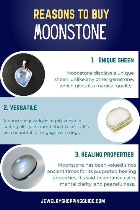 One of the most magical gemstones out there, moonstone is known for its beautiful sheen and smooth texture. Moonstone is highly versatile, suiting a variety of jewelry types. While commonly used in boho designs, moonstone can also be crafted into fine, classic jewelry. Moonstone has been valued since ancient times for its purported healing properties. It's said to enhance calm, mental clarity, and peacefulness. #moonstone #magical #gemstone #jewelry #healing #jewelryshoppingguide Mystical Moonstone Jewelry For Healing, Spiritual Moonstone Jewelry For Collectors, Silver Moonstone Gemstones For Healing, Spiritual Moonstone Gemstones, Spiritual Moonstone Pendant Gemstone, Healing Properties, Moonstone Jewelry, Boho Designs, Classic Jewelry