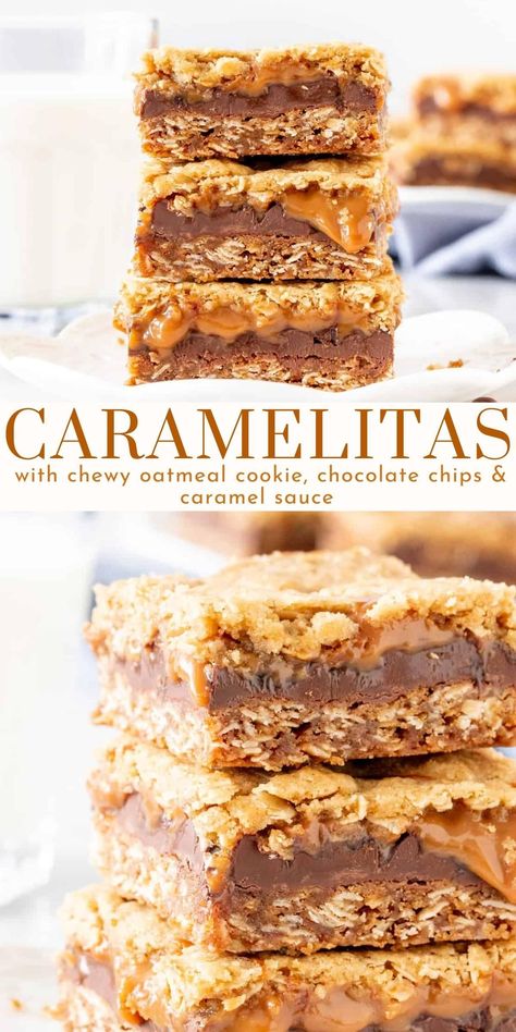 Carmel Desserts, Carmelitas Recipe, Caramel Bars Recipe, Cookie Squares, Chewy Oatmeal Cookie, Oatmeal Cookie Dough, Caramel Oatmeal, Desert Bars, Bar Treats