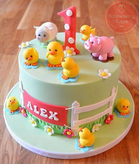 Farm Cake | by Strawberry Lane Cake Company Birthday Cake Farm Animals, Cake Farm Animals, Birthday Cake Farm, Cake Farm, Kue Fondant, Farm Birthday Cakes, Barnyard Cake, Farm Animal Cakes, Baby Boy Birthday Cake