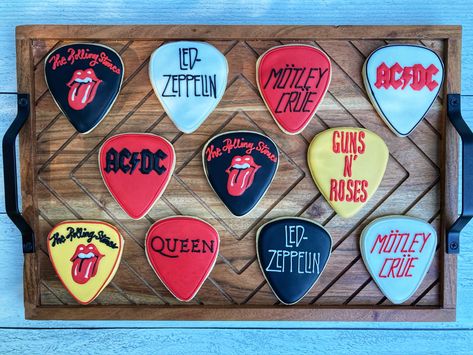 Hard rock cookies Rock n Roll cookies Rock And Roll Cupcakes, Rock N Roll Cookies, Rock And Roll Cookies, Born To Rock Birthday Party, Rock Baby Showers, Half Birthday Party, Rock Fest, Rock And Roll Birthday, 80s Birthday Parties