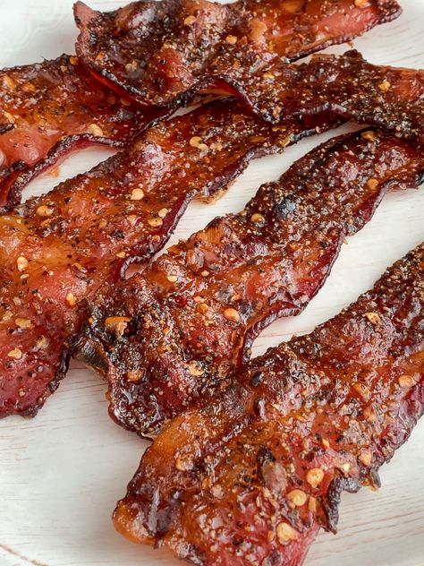 Maple Bacon Recipes, Sweet And Spicy Bacon, Candied Bacon Recipe, Spicy Bacon, Spicy Candy, Chili Crisp, Bacon In The Oven, Sour Cream Coffee Cake, Bacon Recipe