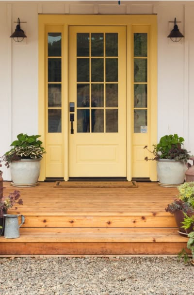 31 Houses With Yellow Front Entry Door Ideas - | Sebring Design Build Classic Door Design, Yellow Front Door, Farmhouse Paint Colors Interior, Front Porch Design Ideas, Yellow Front Doors, Farmhouse Entry, Porch Design Ideas, Front Door Paint Colors, Yellow Door