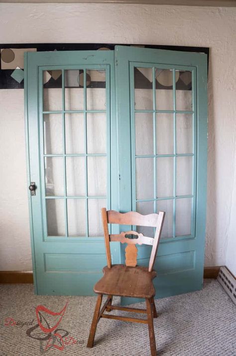 Painted Old French Doors-Pixie Dust Paint Company-Before Colored French Doors, Painted French Doors, Old French Doors, House Transformation, Painted Interior Doors, 3rd Anniversary, Paint Companies, Chippy Paint, French Interior