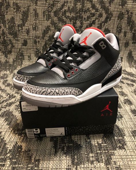 Black Cement 3s, Jordan 3 Black, Jordan 3 Black Cement, Jordan Retro 3, Trendy Boy Outfits, Shoe Wishlist, Fresh Sneakers, Black Cement, Old Shoes