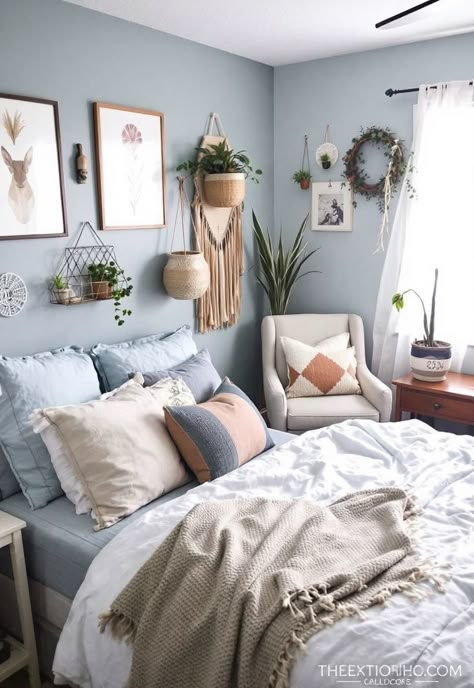 Light Blue Boho Bedroom Light Teal Bedroom Walls, Light Blue Bedroom Decor Ideas, Light Blue Walls Bedroom Aesthetic, Teen Girl Blue Bedroom Ideas, Light Blue Accent Wall Bedroom, Light Blue Bedroom Aesthetic, Light Blue And Pink Bedroom, Boho Bedroom Blue, Light Blue Room Aesthetic