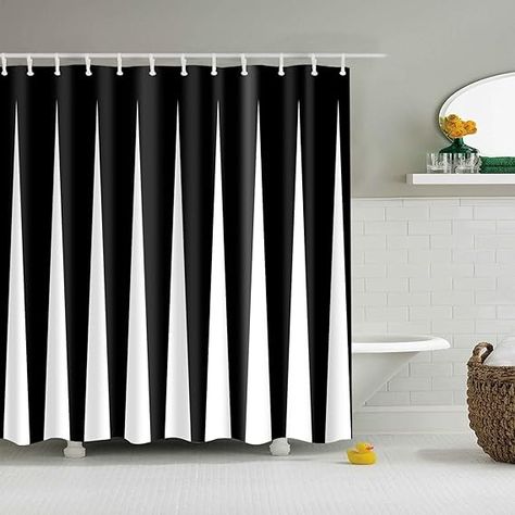 Model Home Bathroom, Black White Shower Curtain, Black And White Shower Curtain, Shower Curtain Art, Black And White Bathroom, Black White Bathrooms, Cloth Shower Curtain, Bathroom Shower Curtain, Striped Shower Curtains