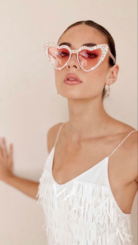 Disco Bachelorette Sunglasses, Heart Sunglasses Bride, Bride Earrings Bachelorette, Bejeweled Bachelorette Party, Bachlorette Outfit Ideas Bride, Vegas Sunglasses, Party Outfit Pink, Wedding Outfit Inspiration, Sunglasses Bride