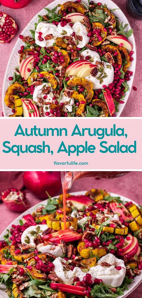 This autumn salad recipe is a healthy, easy dish perfect for the season. Ideal as a Thanksgiving salad, it’s an autumn salad filled with flavors of apple, squash, pomegranate, and creamy burrata. This fall salad and fall harvest salad brings out the best of autumn with every bite. If you’re looking for a fresh pomegranate salad or salad with pomegranate, this recipe will be a hit! Autumn Arugula Salad, Fall Burrata Salad, Arugula Salad Ideas, Best Fall Salads, Pork Side Dishes, Mediterranean Salads, Fall Harvest Salad, Pomegranate Vinaigrette, Salad With Pomegranate